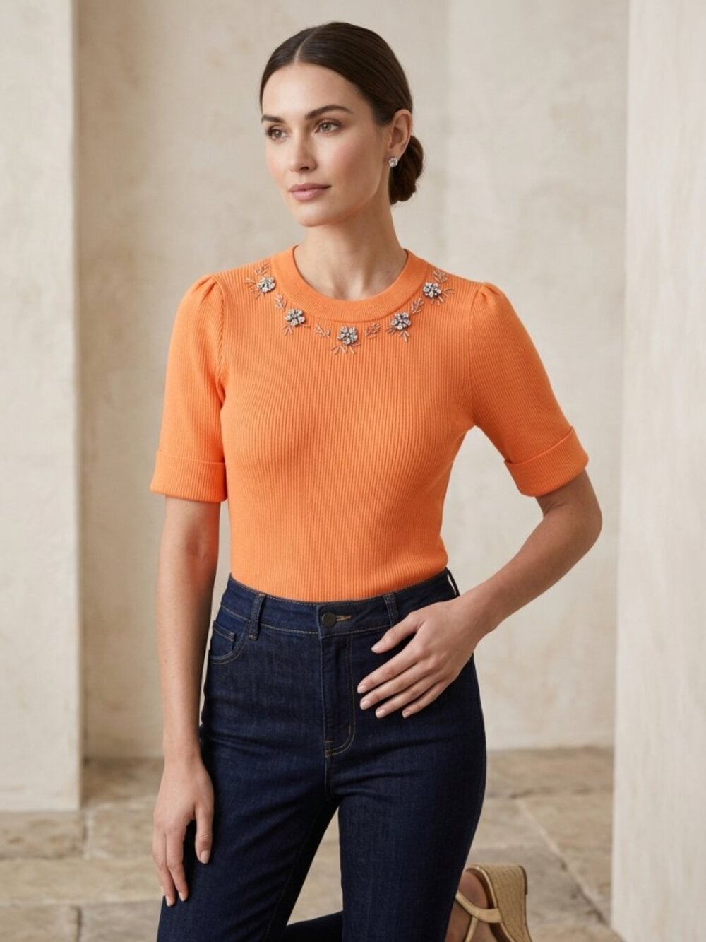 Nanette Lepore NWT Tangerine Orange Beaded Rhinestone Short Sleeve Knit Top Sz L